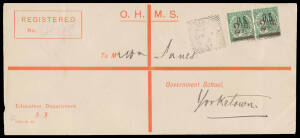 'O.S.' OVERPRINTS - THIN 'O.S.': 1896 Education Department cover with printed registration lines & boxed 'REGISTERED/No' with very scarce franking of Perf 10 '2&frac12;d.' on 4d green SG O51 horizontal pair (Cat &pound;26 x30+ on cover) tied by 'REGISTERED ADELAIDE' s