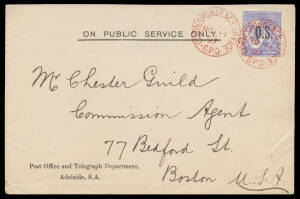 'O.S.' OVERPRINTS - THIN 'O.S.': 1897 Post Office & Telegraph Department cover to Massachusetts with rare franking of 2&frac12;d violet-blue SG O75 (Cat &pound;7&frac12; x50+) tied by one of two very fine strikes of 'CORRESPONDENCE OFFICE/GPO' cds in red, London transit & Bo