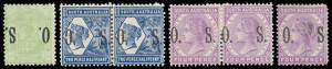 'O.S.' OVERPRINTS - WIDE 'O.S.': Mostly mint selection on exhibit pages including Perf 13 &frac12;d 1d x2 2&frac12;d & 4d pairs & 2d block of 4, &frac12;d & 1d (used) with the Overprint Inverted, &frac12;d (used) & 4d with No Stop after 'S ' (unpriced used), various Misplaced Overpr