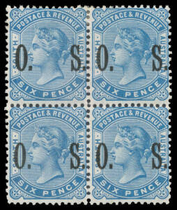 'O.S.' OVERPRINTS - WIDE 'O.S.': &frac12;d to 6d SG O80-85 (no 2&frac12;d) blocks of 4, the 1d marginal with Plate Number '1', the 4d with Misplaced Overprints, some units are unmounted, Cat &pound;800++ (mounted). Scarce blocks.