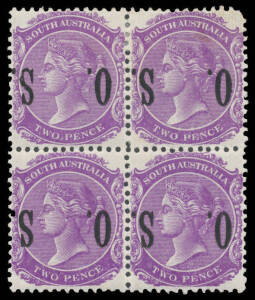 'O.S.' OVERPRINTS - WIDE 'O.S.': 2d violet with the Overprint Inverted SG O82a block of 4, rounded corner at upper-right, Cat &pound;520+. A rare multiple.
