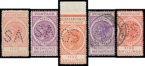 OFFICIAL PUNCTURES: Range with Crown/SA punctured 'SA' 6d mint & used x3 (one with Inverted 'SA'), 9d mint, 1/- mint with the Watermark Inverted, 2/6d used and 5/- mint & used x2, and punctured 'OS' 6d mint & used, 8d used x2, 9d with the Watermark Invert