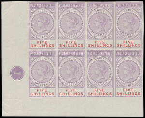 5/- imperforate plate proof in lilac with the value in red lower-left corner block of 8 (4x2) on gummed unwatermarked paper with Plate Number '1', one unit lightly mounted, otherwise full unmounted o.g. Superb! [Ed Williams states only one sheet of 60 uni