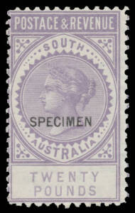 'SPECIMEN' OVERPRINTS: 12&frac12;mm Overprint on &pound;20 dull reddish violet as SG 208 with 'TWENTY' 14mm Long, full unmounted o.g.! ['TWENTY' measures either 12mm or 14mm long]