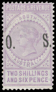 'O. S.' OVERPRINTS: 1891 Perf 10 2/6d lilac SG O86, concealed faults, Cat &pound;7000.