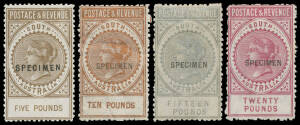 'SPECIMEN' OVERPRINTS - 12&frac12;mm OVERPRINT: 2/6d violet to &pound;20 claret as SG 195a-208a being the official reprints for distribution to UPU members, a few blemishes, large-part o.g. [The &pound;5 brown has a 15mm long overprint] (14)