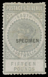 'SPECIMEN' OVERPRINTS £15 silver SG 207 with the Watermark Upright, characteristic rough perfs, large-part o.g. [Virtually all of the reprints overprinted 'SPECIMEN' have the watermark sideways]