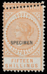 'SPECIMEN' OVERPRINTS 15/- &pound;1 & &pound;2 each with Double Perfs at the Top, large-part o.g. [The second row of perfs is at an angle & measures Perf 10, making them obvious fakes] (3)