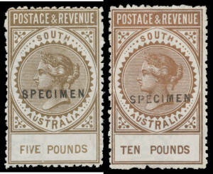 'SPECIMEN' OVERPRINTS 15mm OVERPRINT: 5/-, &pound;3, &pound;4, &pound;5 grey, &pound;5 brown & &pound;10, a few characteristic irregular perfs, the 5/- & &pound;5 grey without gum, the others with part- to large-part o.g. [These stamps are from the original printings, not the reprints. Ed W