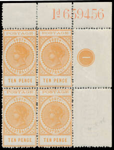 Upper-right corner blocks of 4 all with Plate Number '1' & Sheet Numbers comprising 3d '1d 657382' (ink notation in the margin) and '3d 003382' BW #S18zb & #S19za, 4d '1d 658189', '4d 010511' and '3d 006806' #S20za & zb & #S21za, 6d '2d 736765' #S23za, 9d