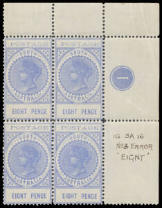 Perf 11½-12½ 8d bright ultramarine with 'EIGNT PENCE' Error BW #S26c (SG 272a) being the third unit in an upper-right corner block of 4 with Plate Number '1', well centred, ink notation in the margin, very lightly mounted, Cat $4000 (£1600++). South Austr