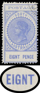 Perf 11½-12½ 8d bright ultramarine with 'EIGNT PENCE' Error BW #S26c (SG 272a), CTO with large-part o.g., Cat $2000 (£3000). Ex Henry Harvey. RPSofL Certificate (1926, signed by "ED Bacon"). [The ACSC states "...the authorities withdrew the stock and remo