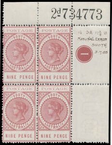 Perf 11&frac12;-12&frac12; 9d reddish pink upper-right corner block of 4 with Plate Number '1', Sheet Number '2d 734773' and Error of Watermark 'SUOTH' BW #S27a/zb, ink notation in the margin, mounted in the margins only, Cat $750++ (mounted).
