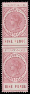 Perf 11&frac12;-12&frac12; 9d bright reddish pink (aniline) vertical pair Imperforate Between BW #S27bb,(SG) lightly mounted, Cat $3000 (&pound;2500). [Michael Blake states that no more than five pairs have been recorded. Ed Williams' pair had significant faults]