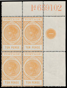 Perf 11&frac12;-12&frac12; 10d dull orange upper-right corner block of 4 with Plate Number '1' & Sheet Number '1d 659102' BW #S29za, unmounted, grossly undercatalogued at $200 (for a pair).