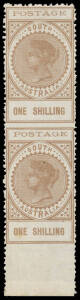 Perf 11&frac12;-12&frac12; 1/- brown vertical pair from the base of the sheet Imperforate Between & at the Base BW #S30bb (SG 275b), characteristic rough perfs, small hinge remainder at the top, Cat $2500 (&pound;2500). [The ACSC states "Ten pairs exist; one is in the Royal 