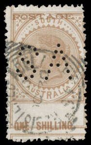 Perf 11&frac12;-12&frac12; 1/- brown with 'POSTAGE' & 'ONE SHILLING' Misplaced Downwards BW #SS30c punctured 'SA' as always, characteristic rough perfs, 'REGISTERED ADELAIDE/10/OC30/S-A' squared-circle, Cat $3000. [The ACSC states "At least three used examples...are kn