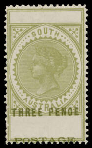 Perf 12 3d olive with 'POSTAGE' & 'THREE PENCE' Grossly Misplaced resulting in Blank Tablets BW #S19c, very lightly mounted, Cat $750.