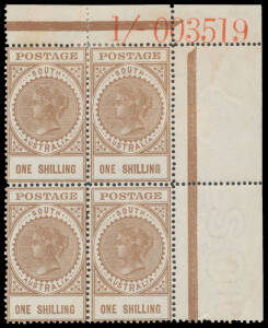 Upper-right corner blocks of 4 all with Sheet Numbers comprising 6d '6d 013892' in Red (pair only) & '...017442' in Black both BW #S42zb, 8d '8d 46' in Red, '8d 000752' in Red & '001317' in Black #S46z S47z & S47za, and 1/- '1/- 003519' in Red #S54z (a bi