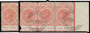 9d brown-red on Crown/SA Paper with the Watermark Inverted BW #S50a mint single & a defective used strip of 3 with North Adelaide cds of 2NO11, Cat $650+. [This printing was an anomaly, being made in 1911 to use up old remainders of De La Rue and Detmold 