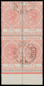 5/- rose-pink marginal block of 4 from the base of the sheet, CTO with Adelaide cds, large-part o.g. Unlisted in the ACSC. A rare CTO multiple.