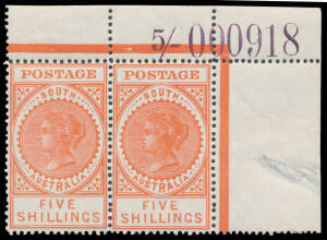 5/- bright scarlet upper-right corner pair with Sheet Number '5/- 000918' in Black BW #S64z, thinned in the margin at right, very lightly mounted, Cat $750.