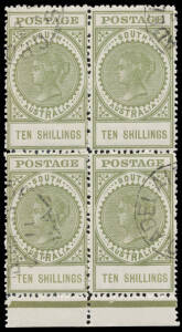 10/- dull green marginal block of 4 [46-47/56-57] from the base of the sheet, CTO with Adelaide cds, full unmounted o.g. Unlisted in the ACSC. A rare CTO multiple.