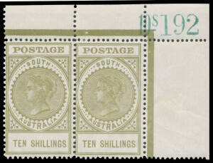 10/- dull green upper-right corner pair with Sheet Number '10s 192' in Greenish Blue BW #S68z, very lightly mounted, Cat $1500+. A rarity, with very few examples recorded.