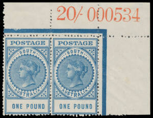 &pound;1 deep blue upper-right corner pair with Sheet Number '20/- 000534' in Red BW #S70z, faint bend on the second unit, mounted in the margin only with both units unmounted, Cat $1500+. A rarity, with very few examples recorded.