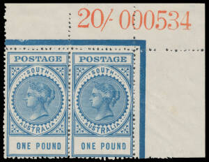 £1 deep blue upper-right corner pair with Sheet Number '20/- 000534' in Red BW #S70z, faint bend on the second unit, mounted in the margin only with both units unmounted, Cat $1500+. A rarity, with very few examples recorded.