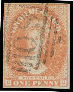 1856-57 No Watermark 1d pale brick-red SG 19, margins close to good, tiny concealed cut at left, fine BN '60' of Hobart, Cat £650. A very attractive example. BPA Certificate (1992).