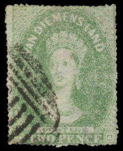 1863-71 Experimental Separations Pin Perf 5&frac12;-9&frac12; at Longford 1d carmine SG 104, fiscal cancellation; Serrated Perf 19 at Hobart 2d yellow-green SG 119, closed tear at the base, bars cancel of Hobart clear of the Queen's face, Cat &pound;750; and Mixed Perfs/Serr