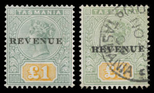 POSTAL FISCALS: 1900 'REVENUE' Overprint £1 green & yellow SG F39 lightly mounted mint & used with Queenstown cds, Cat £450; also 1892 £1 with 'SPECIMEN' Overprint (no gum). (3)