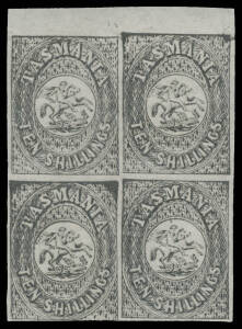 STAMP DUTY: ditto, with the Watermark Inverted comprising 3d vertical pair, 2/6d rejoined block of 4 (two pairs), 5/- & 10/- marginal blocks of 4, Elsmore Online Cat $2800+ for singles. Very scarce. Ex Charles & Francis Kiddle. (4 items)