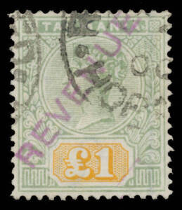 STAMP DUTY: 1900 Tablet £1 green & yellow with diagonal 'REVENUE' Handstamp in violet, Hobart cds. Rare: stated that only 4 examples have been recorded. Ex Charles & Francis Kiddle.