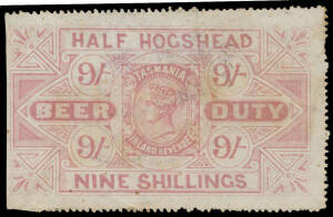 BEER DUTY: c.1900 Sideface 9/- dull pinkish rose, minor blemishes but no thins or tears. Ex Charles & Francis Kiddle.