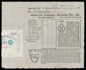 BEER DUTY: 1920 Commonwealth Issue Bottled Beer 70/- turquoise right-half only affixed to 1923 Tasmanian Breweries receipt. A rare survivor. Ex Charles & Francis Kiddle. [Elsmore Online states "Only half-stamps known" & the Kiddles stated "One of two know