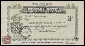 POSTAL NOTES: 1931 New Design with Coat of Arms at Left, All Text & Serial Numbers in Black and John Ash Imprint at the base on CofA Watermark Paper 'TASMANIA' 3/- superb, 1d maroon affixed at lower-left, 'OATLANDS/26JY44/TASMANIA' cds.