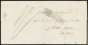 1832 Wesleyan missionary outer to London rated "3" in red, British boxed 'INDIA LETTER/PORTSMOUTH' h/s & rated "1/-" (4d inwards shipletter + 8d mileage), London arrival b/s of 3JY3/1833 in red, docketed on the reverse from "Macquarie Harbour/Dec 26 1832/