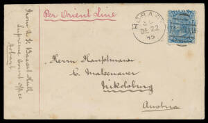 1885 Basset Hull cover to Austria "Per Oriental Line" with scarce franking of 9d Sideface tied by Hobart duplex, part-Brindisi transit b/s, minor blemishes.