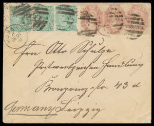 1891 triple-rate cover to Germany with Chalons 6d dull claret SG 143 & De La Rue Sidefaces 2d green horizontal strips of 3 tied by Hobart duplex of SE21/91. [A very late pre-UPU usage. If the sender had waited until 1.10.1891, the letter would have cost o