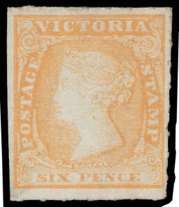 1857 Woodblocks Experimental Separations Rouletted at the GPO 6d orange SG 53a with full margins & rouletted at the top & right, shallow thin, unused. Rare & unpriced unused by Stanley Gibbons.