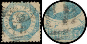 1859 Perf 12 by Robinson 1/- blue with Defective 'SH---LING' SG 81var, well centred, a couple of tiny natural aeration holes, Melbourne duplex. A quite dramatic transfer flaw.