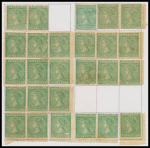 1863-81 Laureates Single-Lined Numeral Watermarks 1d green SG 108/e group large-part reconstruction of the First Forme Setting with 93 of the 120 positions including a number of blocks, condition rather mixed with some characteristic gum-staining, Cat £80