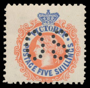 PUNCTURED 'OS': &frac12;d marginal block of 4 **, 3d, 4d, 5d x2, 6d, 9d, 1/- & 2/-, hinge remainders, and the very scarce Perf 11 5/- BW #V124ba, Cat $750 minimum. (14)