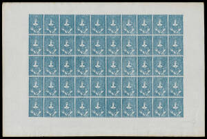 FORGERIES: Half-Lengths 3d blue Jeffryes Forgery complete sheets of 50 (10x5) gummed (rare thus) & ungummed, a few very minor blemishes. (2 sheets)