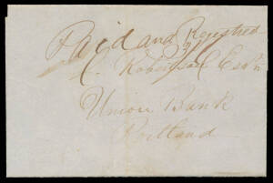 1847 (Nov 25) outer to Portland endorsed "Paid and Registered 3/6", good backstamps of the rare 'THE GLENELG/ PORT PHILLIP' & 'PORTLAND/NEW.S.WALES' arrival, internal docketing identifies the sender as Alexander McKinlay, first postmaster at The Glenelg. 