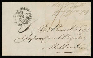 1848 entire headed "The Gums" & signed "Alex Kemp" to Melbourne with an untidy but discernible strike of the rare (especially in the Port Phillip period) 'MUSTONS CREEK/ [crown]/JY*31/1848/PT PHILLIP' datestamp (inverted day slug) unusually on the face & 