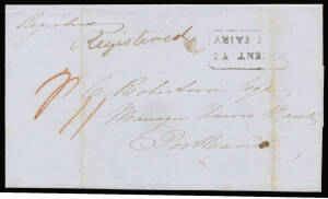 1849 (May 3) outer from Warrnambool to Portland twice endorsed "Registered" & rated "11d" in red for carriage between 170 & 230 miles, largely very fine strike of the rare rounded-boxed 'MISSENT TO/PORT FAIRY' h/s & an unusually fine strike of the 'PORT F