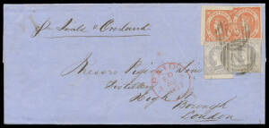 1857 double-rate mercantile cover to London "Per Simla & Overland" with Emblems 4d brown-vermilion SG 42a x2 (one an apparently enormous upper-left corner stamp, the other with 3 good to large margins) plus No Watermark 2d grey-lilac SG 45a x2 (both with 